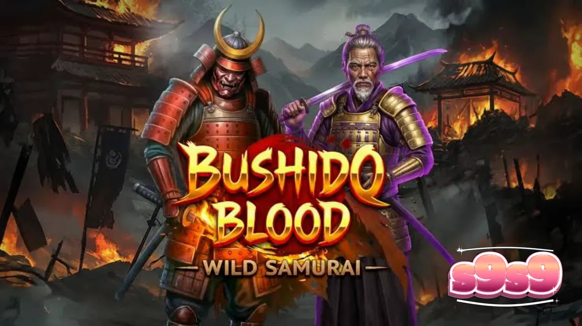 Prajurit samurai berdiri di depan gerbang kuil tradisional dengan latar belakang gulungan slot Bushido Blood yang megah.