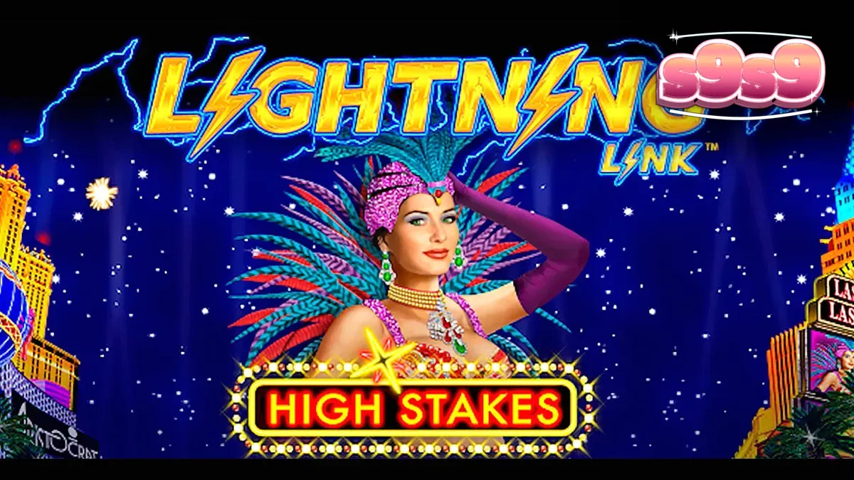 Tampilan visual permainan slot Lightning Link High Stakes dengan tema kasino Las Vegas